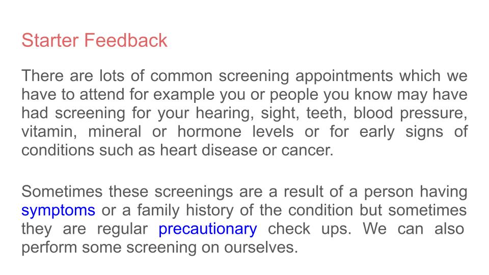Health Screening / Testing Lesson