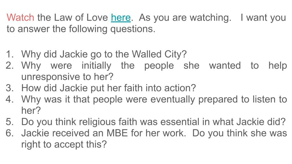 jackie pullinger law of love video lesson questions re