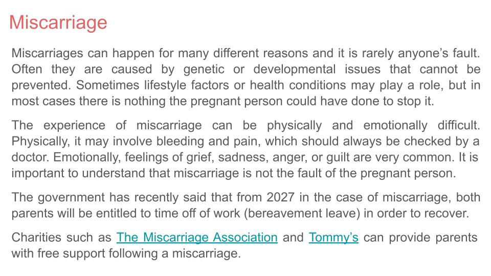 Miscarriage Pregnancy lesson tutor time pupil workbook 2026 pshe rshe guidance resources
