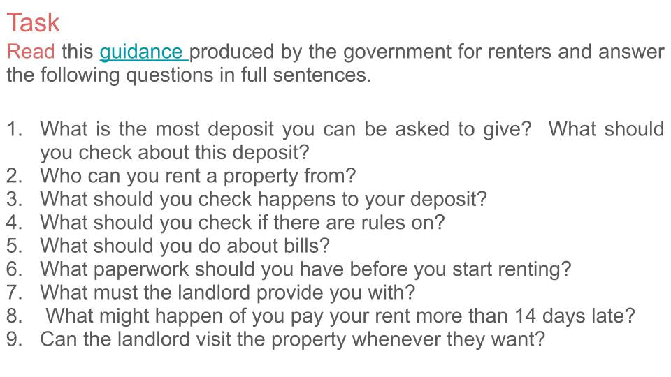 rent mortgage pshe lesson ks4 ks5 free government guidance renting