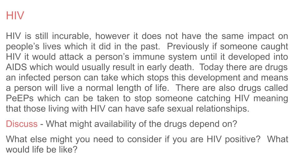Sexually Transmitted Infection STI PSHE lesson for KS3 from Youcantknoweverything Education. HIV information slide.