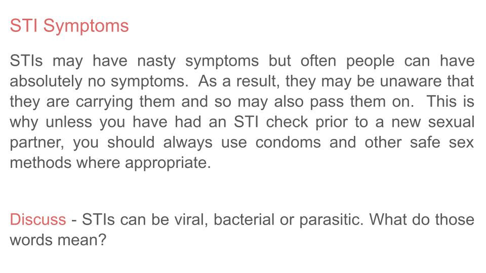 Sexually Transmitted Infection STI PSHE lesson for KS3 from Youcantknoweverything Education. Symptoms slide.