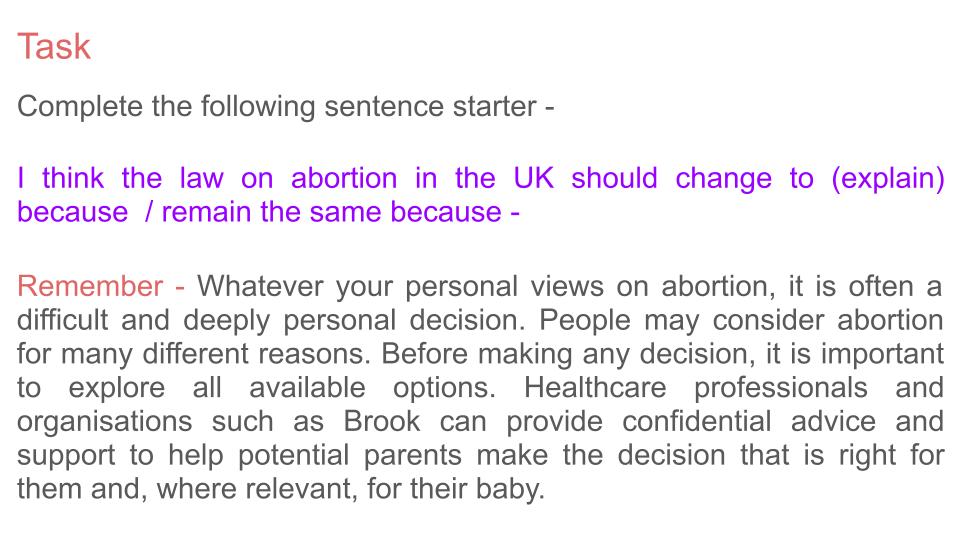 Abortion lesson tutor time pupil workbook PSHE RSHE 2026 guidance opinion