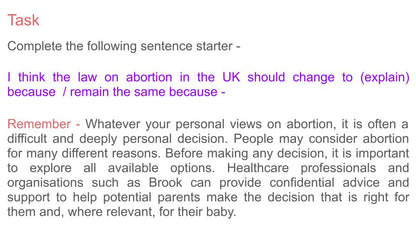 Abortion lesson tutor time pupil workbook PSHE RSHE 2026 guidance opinion