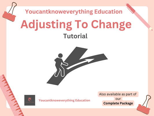 PSHE Cover of 'Adjusting To Change' tutorial from Youcantknoweverything Education with a stylized figure and arrows on a light pink background.
