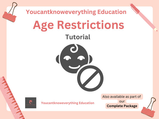 PSHE Age restrictions tutorial graphic with a baby icon and prohibition symbol on a light pink background.