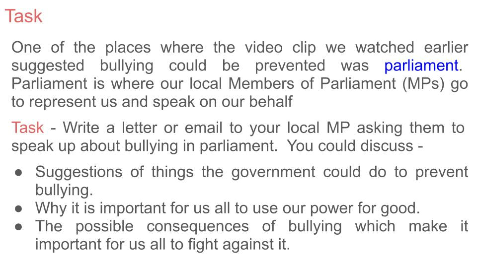 Anti Bullying Week lesson tutor time assembly and display resources parliament writing task