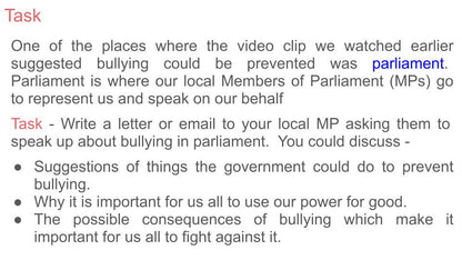Anti Bullying Week lesson tutor time assembly and display resources parliament writing task