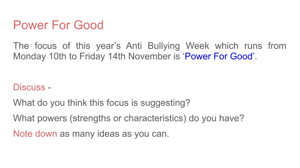 Anti Bullying Week lesson tutor time assembly and display resources 2025 power for good discussion