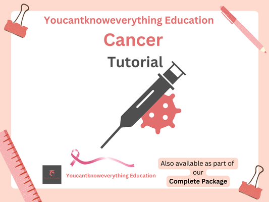 Cancer form time PSHE tutorial graphic with syringe and virus icon on a light pink background