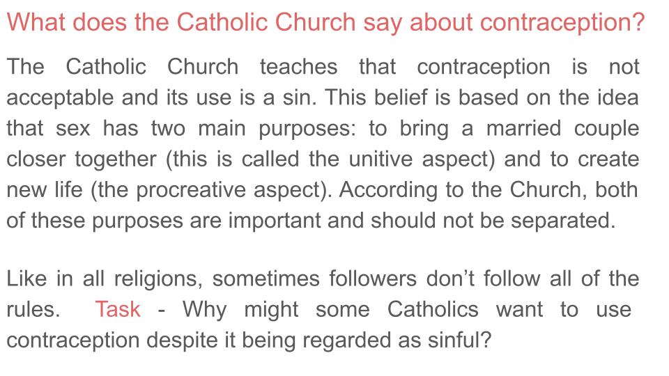 Contraception Lesson for Catholic Schools