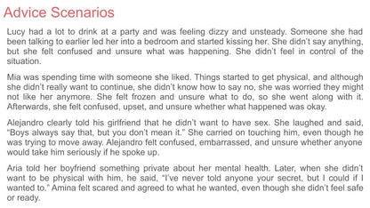 Consent free Lesson / Tutor Time / Workbook resource for RSHE / PSHE KS3 KS4 advice scenario