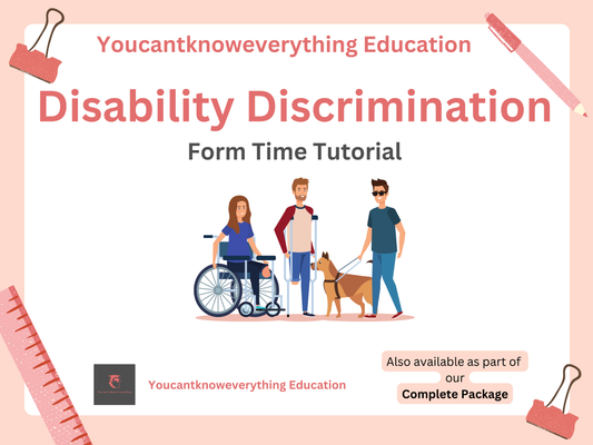 PSHE Tutorial cover of 'Disability Discrimination Form Time Tutorial' by Youcantknoweverything Education on a pink background.