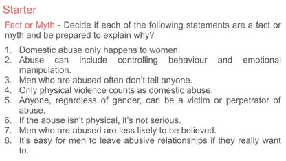 Male Domestic Abuse KS5 Tutor / Form Time PSHE