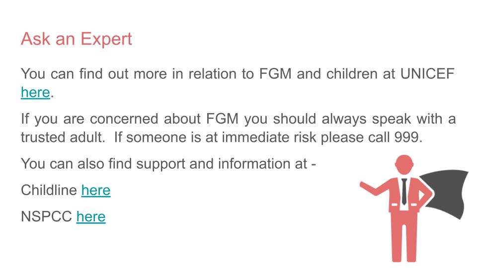 Informational text about FGM with contact details for UNICEF, Childline, and NSPCC on a white background.  pshe lesson