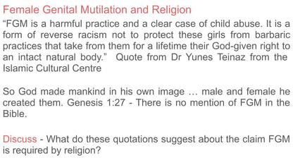 Text discussing Female Genital Mutilation (FGM) and its relationship to religion, with a quote from Dr. Yunes Teinaz.  PSHE lesson