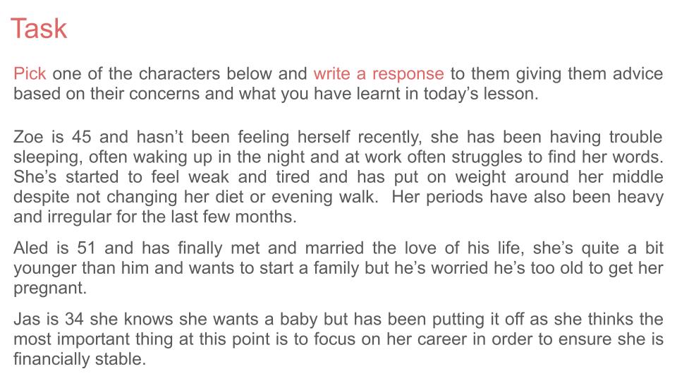 fertility and menopause pshe rshe 2026 lesson tutor time resources. written task