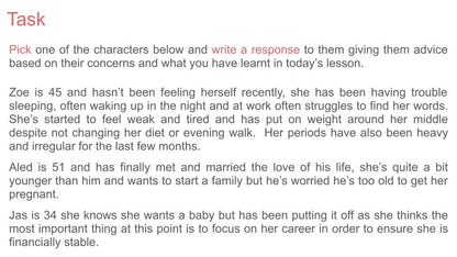 fertility and menopause pshe rshe 2026 lesson tutor time resources. written task