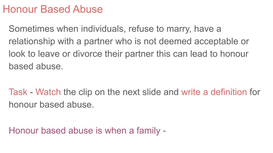 Forced Marriage / Honour Based Abuse Lesson