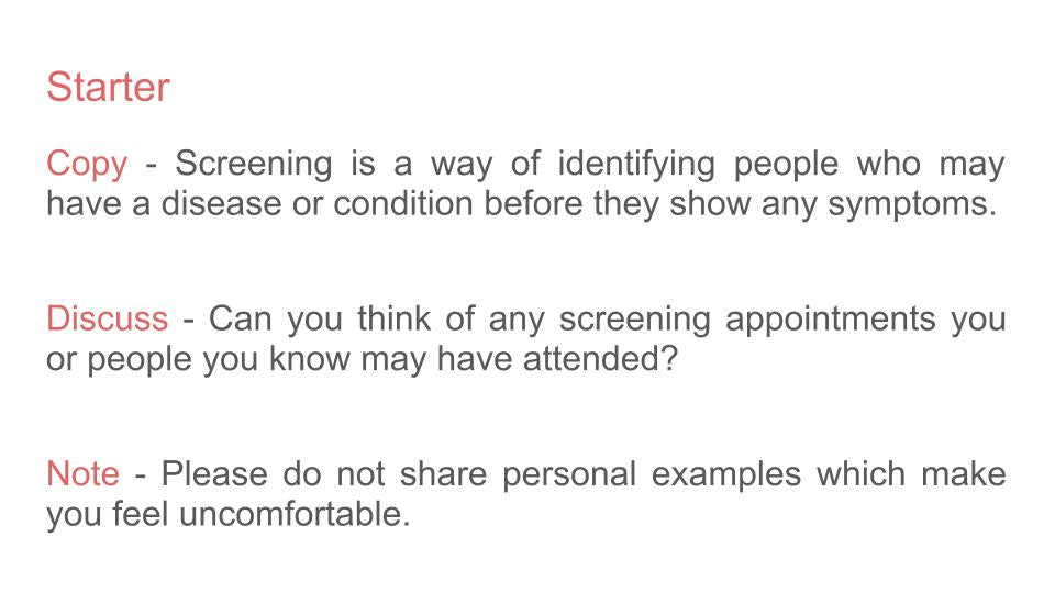 Health Screening / Testing Lesson