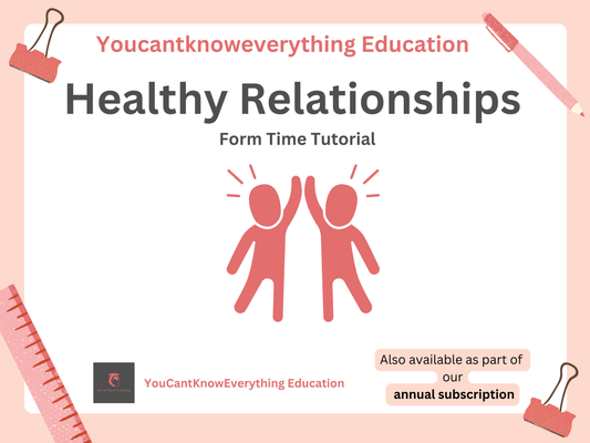 'Healthy Relationships' form time PSHE tutorial by Youcantknoweverything Education with two red figures giving a high-five on a light pink background.