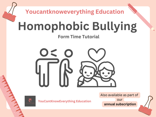Homophobic bullying PSHE form time tutorial with icons and text on a light pink background.
