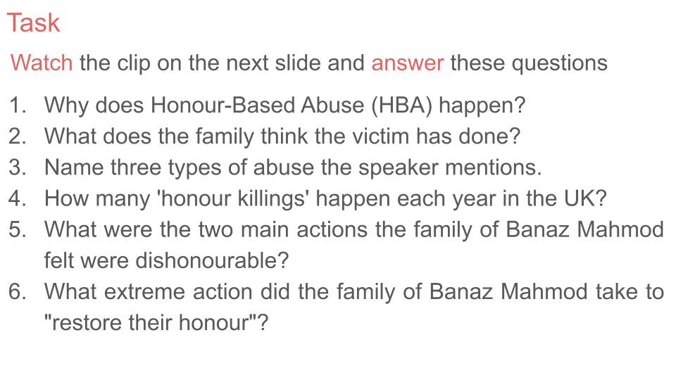 Honour based abuse pshe lesson tutor time resource 2026 RSHE