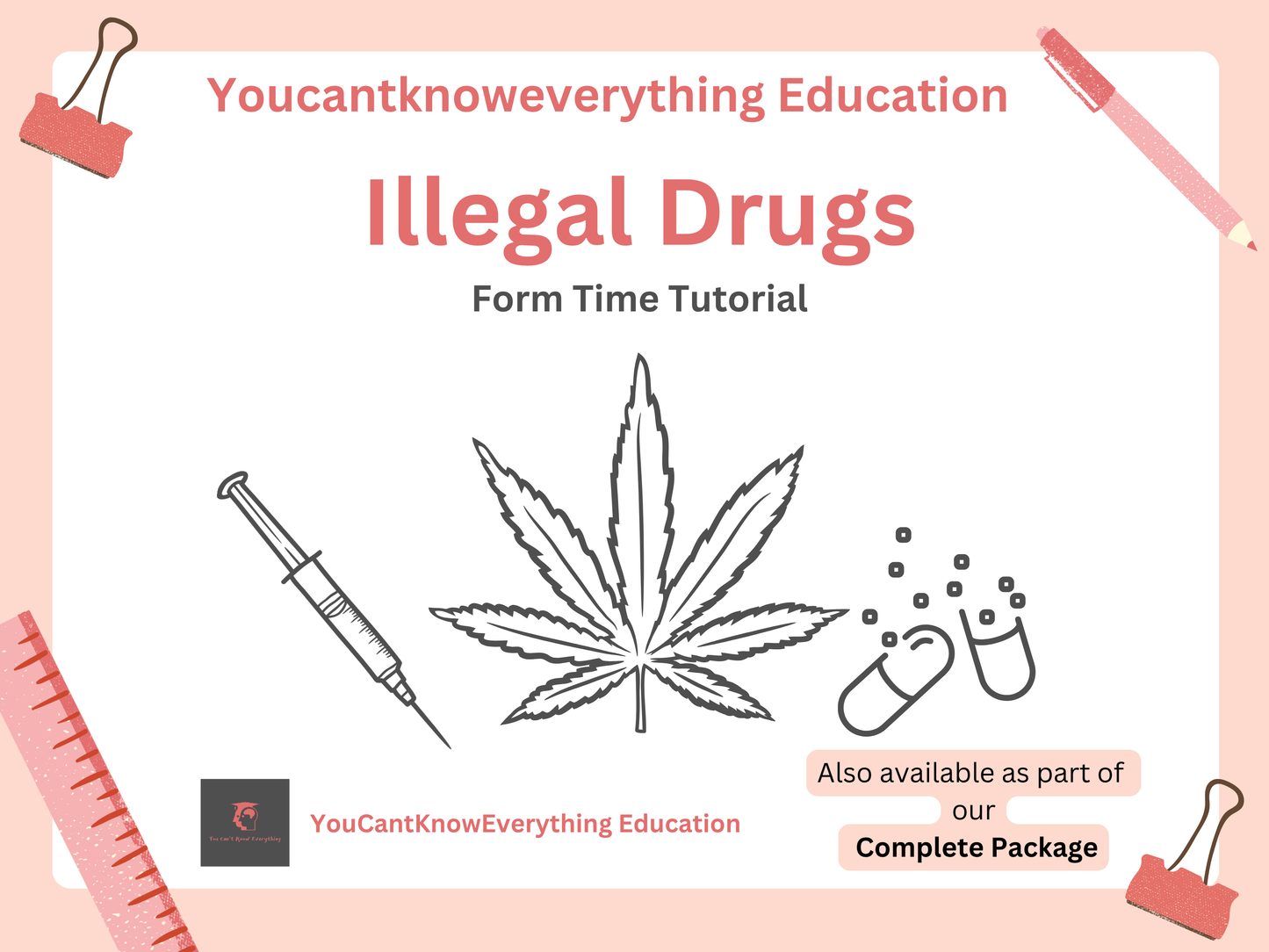 Educational PSHE tutorial about illegal drugs with symbols of a syringe, marijuana leaf, and pills on a light pink background.