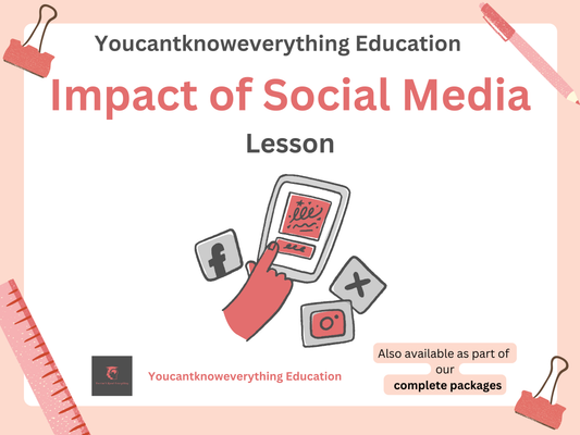 Cover of 'Impact of Social Media' PSHE lesson from Youcantknoweverything Education with social media icons on a pink background.