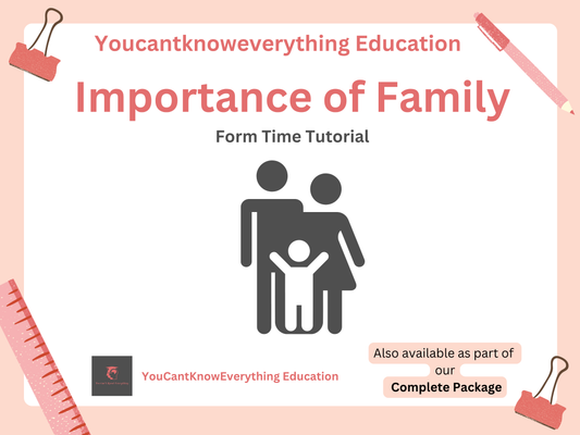 Educational PSHE tutor time poster about the importance of family with a family icon and text on a light pink background.