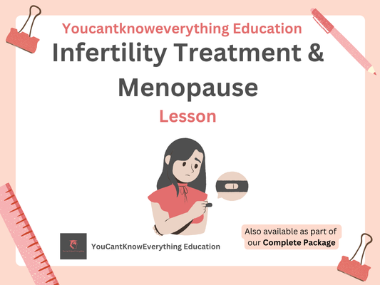 An educational PSHE lesson poster about infertility treatment and menopause with a woman illustration on a light pink background.