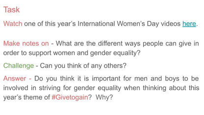 International Women's Day 2026 lesson tutor time assembly resource school 