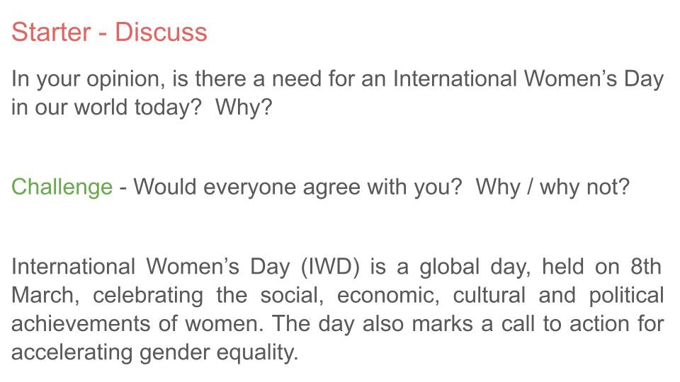 International Women's Day 2026 lesson tutor time assembly resource school 