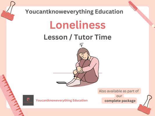 An educational PSHE lesson poster about loneliness with a person sitting on the floor next to a laptop, framed by pink borders and educational elements.