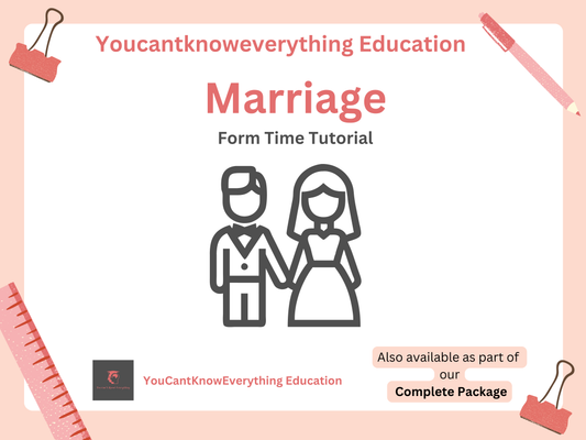 Form Time Educational PSHE poster about marriage with icons of a man and woman holding hands on a light pink background.