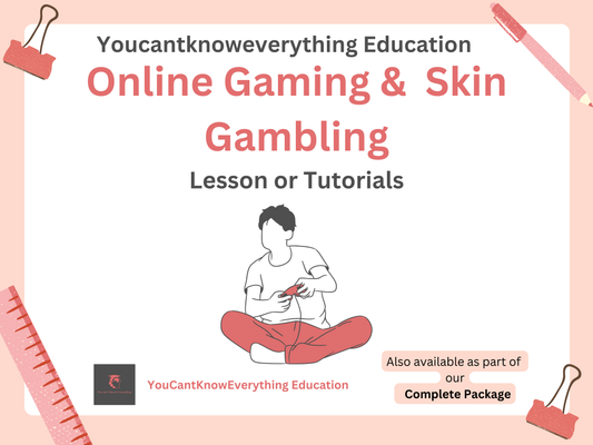 Educational PSHE graphic for Youcantknoweverything Education on online gaming and skin gambling with a person sitting and using a phone.