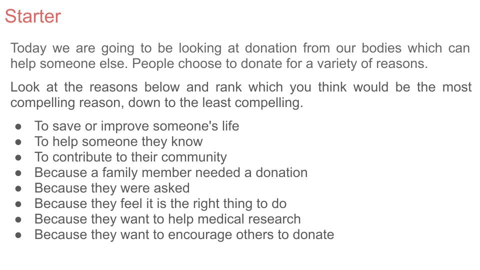 Blood, Organ & Stem Cell Donation PSHE Lesson / Tutor Time