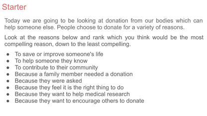 Blood, Organ & Stem Cell Donation PSHE Lesson / Tutor Time
