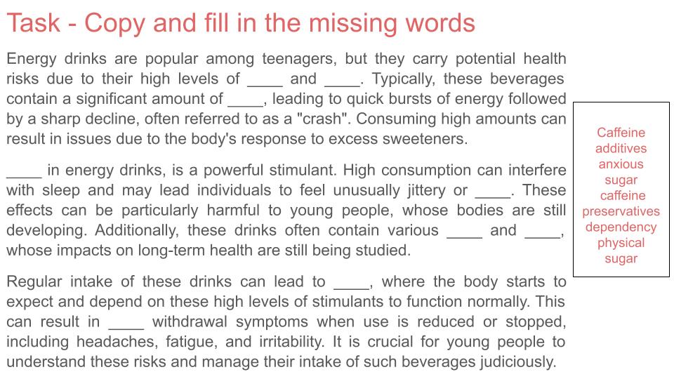 Caffeine & Energy Drinks PSHE Lesson / Tutor Time