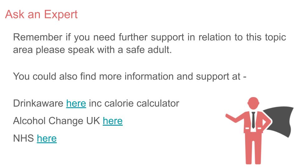 Impact of Alcohol on Weight PSHE Lesson / Tutor Time