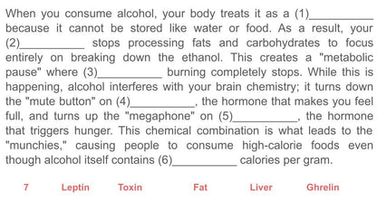 Impact of Alcohol on Weight PSHE Lesson / Tutor Time