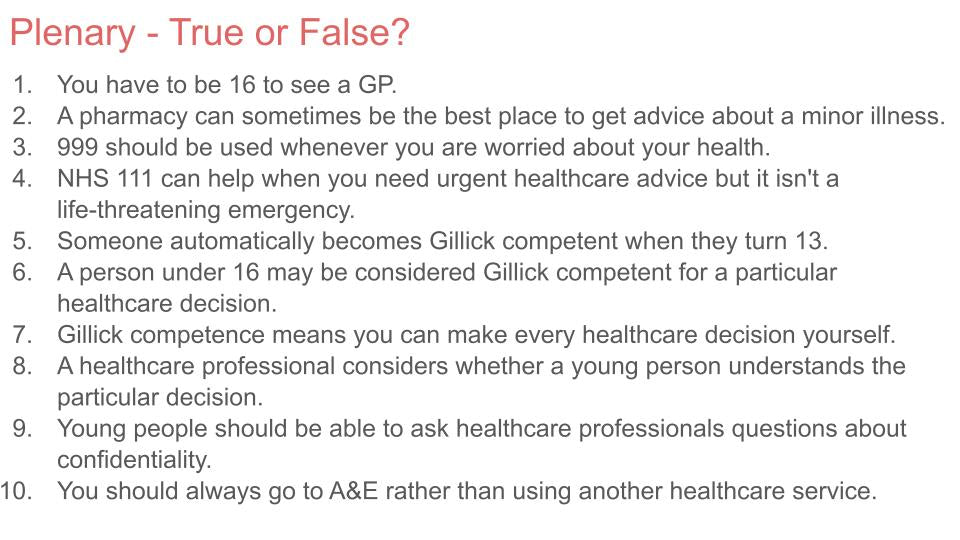 Local Healthcare Systems and Gillick Competence PSHE Lesson / Tutor Time