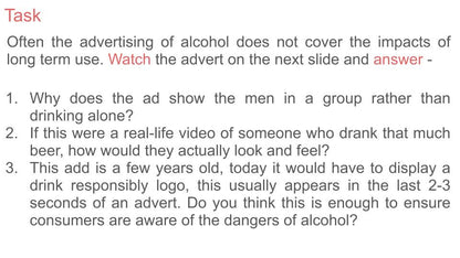 Alcohol - Concerns from long term use PSHE Lesson / Tutor Time
