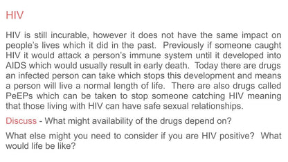 Sexually Transmitted Infection STI PSHE lesson for KS3 from Youcantknoweverything Education. HIV information slide.