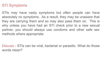 Sexually Transmitted Infection STI PSHE lesson for KS3 from Youcantknoweverything Education. Symptoms slide.