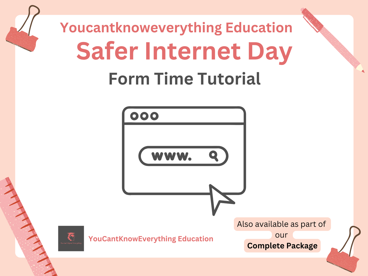 Form time PSHE tutorial graphic for Safer Internet Day with browser icon and text on a light pink background.