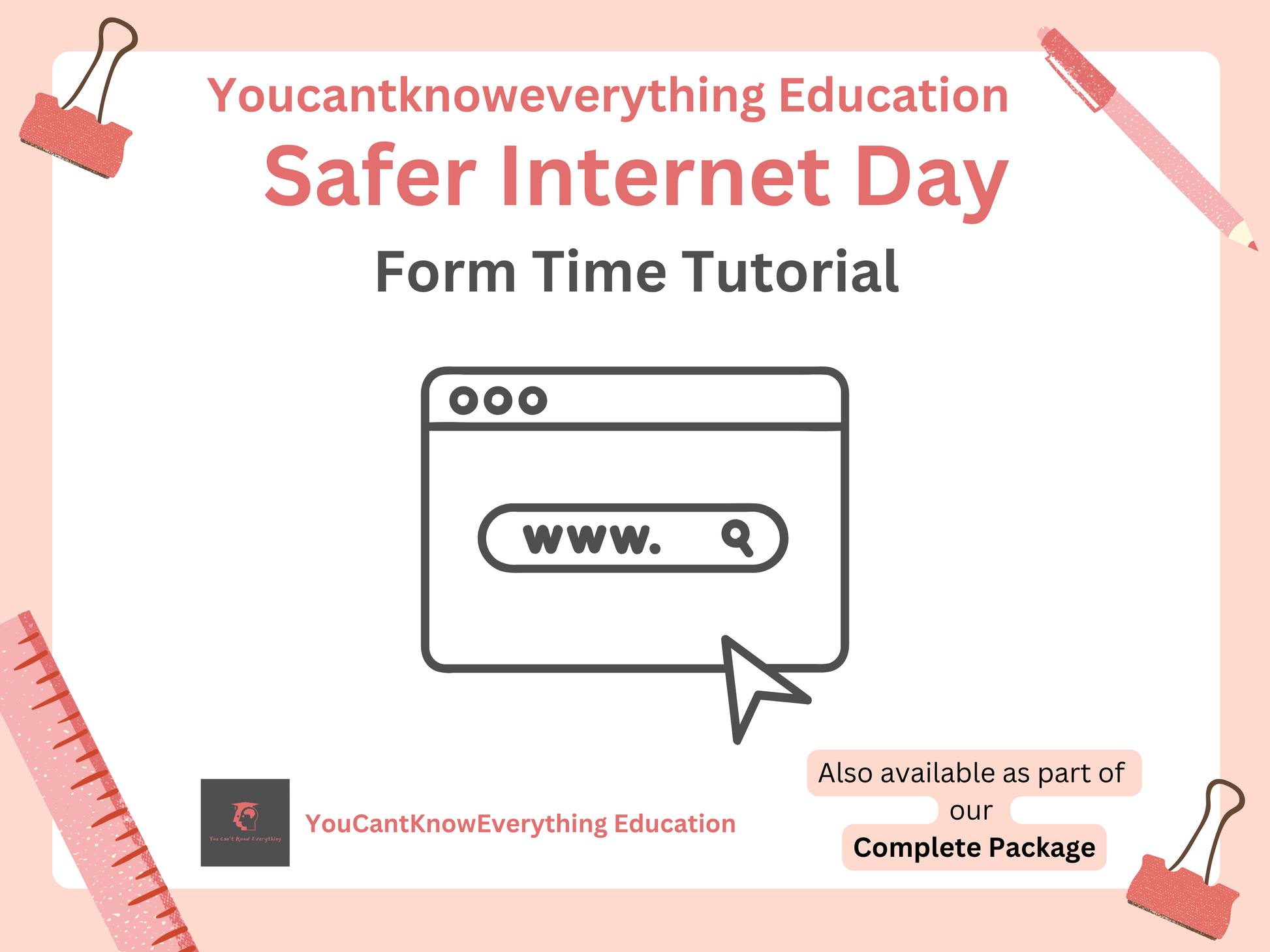 Form time PSHE tutorial graphic for Safer Internet Day with browser icon and text on a light pink background.