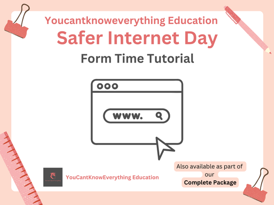 Form time PSHE tutorial graphic for Safer Internet Day with browser icon and text on a light pink background.