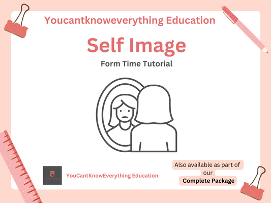 Cover of 'Self Image' PSHE form time tutorial from Youcantknoweverything Education with a woman looking at herself in the mirror.