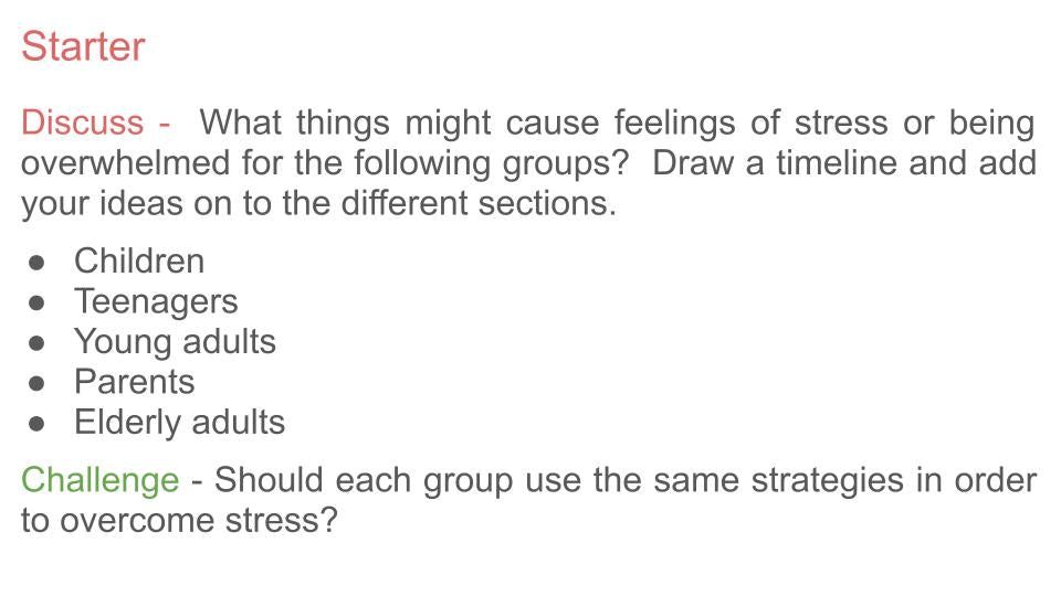Stress and emotional wellbeing PSHE mental health lesson 2026 tutor time workbook  starter activity
